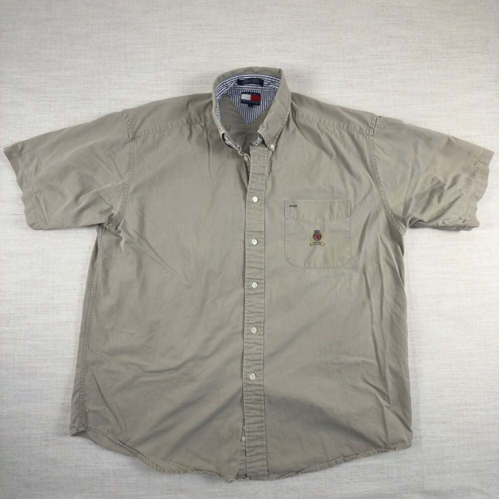 Tommy Hilfiger Men's Short Sleeve Button Down Shirt Khaki Size L